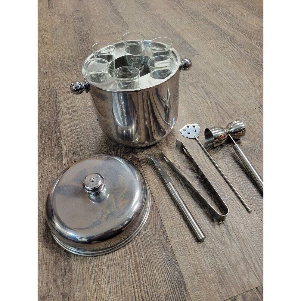Godinger Stainless Steel Ice BUCKET & SHOOTER Set Bar Tools Mix Drink Set